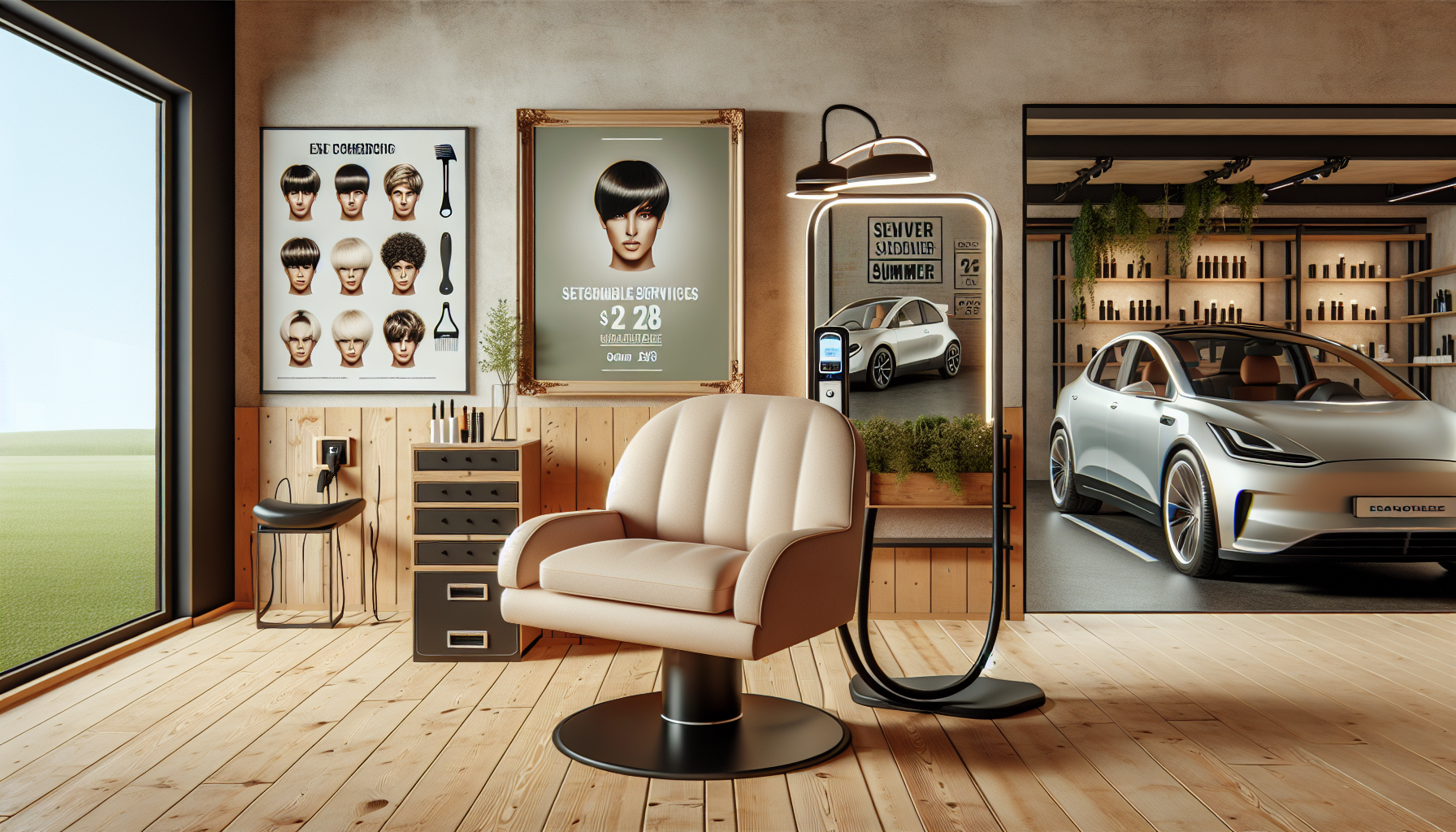 Photo of a comfortable chair in a modern hair salon environment with a mirror and styled hairstyles. Both sides of the chair are decorated with billboards advertising services and a summer discount. In the background, we can see a car being charged at a station.